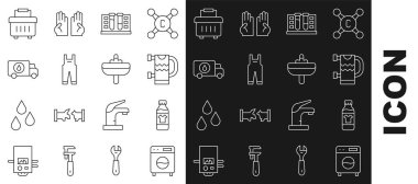 Çamaşır Şişe 'sini temizleme elemanı için ayarla. Havlu ısıtmalı test tüpü, su damlası, tulum tulumu, su havlusu servis aracı ve çamaşır leğeni ikonu. Vektör.