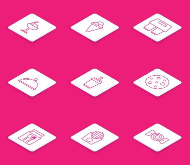 Dondurmayı kase külahta kahve bardağına koy. Üzerine de karton bardaktan yapılmış kurabiye ya da bisküvi siparişi ve patates kızartması kutusu ikonu koyun. Vektör.