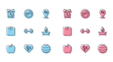 Apple, Sleepy, Alarm clock, Fitness Ball, Dumbbell, Aroma mumu, Banyo terazisi ve Sigara İçilmez ikonu. Vektör