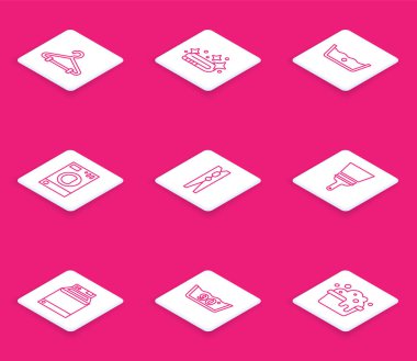 Hat askısı gardırop, havlu yığını, ısı temizleyici, çamaşır mandalı, cam temizleyicisi ve ikon. Vektör