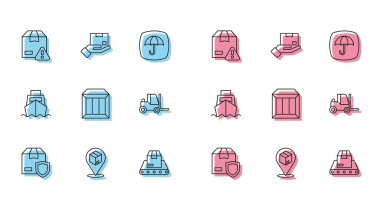 Kalkan konum karton kutu konveyör bandı Carton Forklift kamyon kargo kutuları teslimat ve el ikonu ile hat teslimat güvenliği ayarlayın. Vektör.