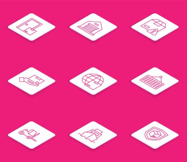 Hat hattı teslimat hizmetleri, Depo, kalkanlı teslimat güvenliği, el kutusu, dünya çapında nakliye, vinçte konteyner, forklift kamyonu ve kargo kutusu ikonu. Vektör