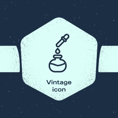 Grunge hattı test tüpü ve mavi arka planda izole edilmiş pipet ikonu olan matara kimyasal laboratuvar testi. Laboratuvar cam levhası. Tek renkli klasik çizim. Vektör.