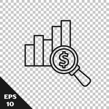 Şeffaf arkaplanda siyah çizgi pasta grafiği ve dolar sembolü simgesi izole edildi. Diyagram çizelgesi. Vektör.