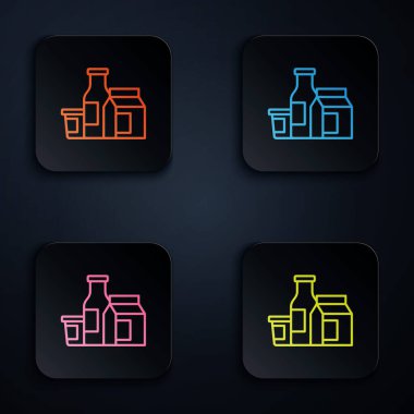 Renkli neon çizgisi Süt ürün simgesi siyah arkaplanda izole edildi. Kare düğmelere simgeleri yerleştir. Vektör.