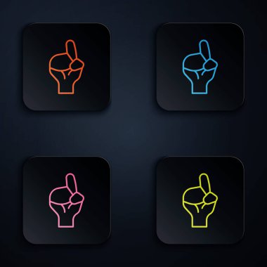 Renkli neon çizgisi Eller dua pozisyonunda simge siyah arkaplanda izole edildi. Dua eden İslami Müslüman dini dindarlık. Kare düğmelere simgeleri yerleştir. Vektör