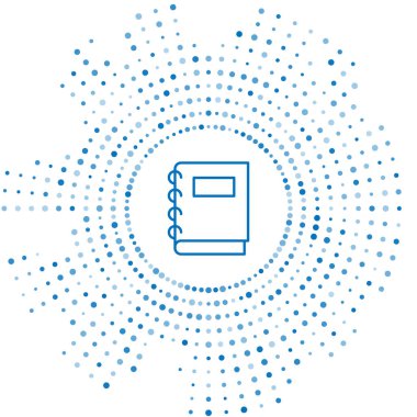 Mavi satır Not Defteri simgesi beyaz arkaplanda izole edildi. Spiral not defteri simgesi. Okul defteri. Yazı tahtası. Okul günlüğü. Soyut çember rastgele noktalar. Vektör.