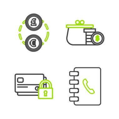 Satır Çizgisi Adres Defteri Kredi kartı ve kilitli bozuk paralar ve Para Takas simgesi. Vektör.