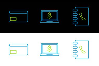 Dolar sembollü adres defteri zarfı ve dizüstü bilgisayarı ayarla. Vektör.
