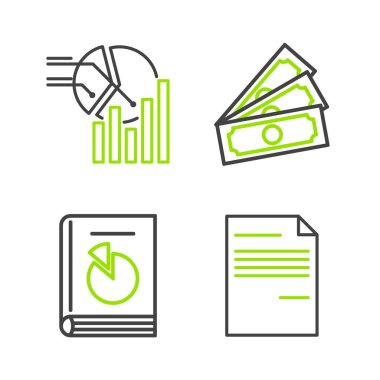 Satır Belgesi, Kullanıcı Kılavuzu, Kağıt Para Yığını ve Pie grafiksel simgesi. Vektör