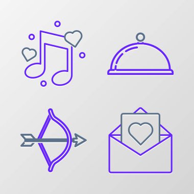 Zarfı sevgililer günü kalp yayı ve ok ile ayarla yemek tepsisi ve müzik nota melodisi kalp ikonu. Vektör.