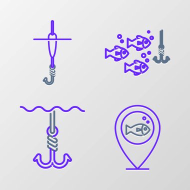 Olta ipini, balık oltasını suyun altına yerleştir ve simgeyle yüzdür. Vektör.