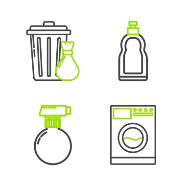 Bulaşık deterjanı, çöp tenekesi ve çöp poşeti ikonu için çamaşır makinası şişelerini ayarla. Vektör.