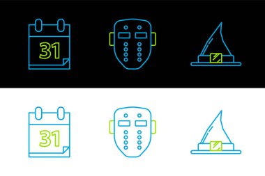Cadı şapkası, Cadılar Bayramı 'nın 31 Ekim tarihli takvimi ve Hokey maskesinin simgesi. Vektör