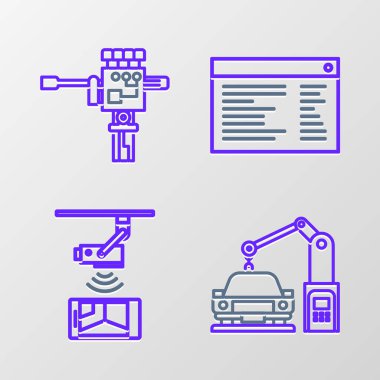 Hat Endüstriyel Robot Kolu, Kablosuz Kontrollü CCTV güvenlik kamerası, Yazılım, Web Geliştirici programlama kodu ve Mekanik tornavida ikonu. Vektör
