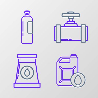 Motor yağı, petrol ve gaz endüstriyel fabrika binası, endüstriyel metalik boru vanası ve sanayi silindiri tank ikonu için boru hattı kurun. Vektör