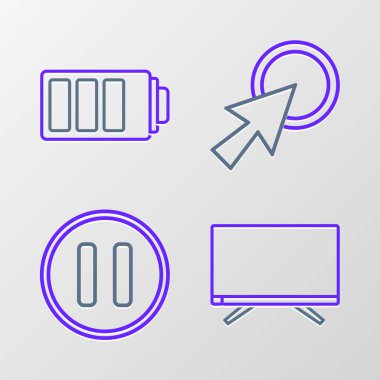 Akıllı TV Duraklat düğmesi ok imleci ve Batarya şarj seviye göstergesi simgesini ayarla. Vektör.