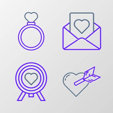 Amour 'u kalp ve okla, Heart' ı dartın ortasına hedef al, zarf ve alyans ikonu. Vektör