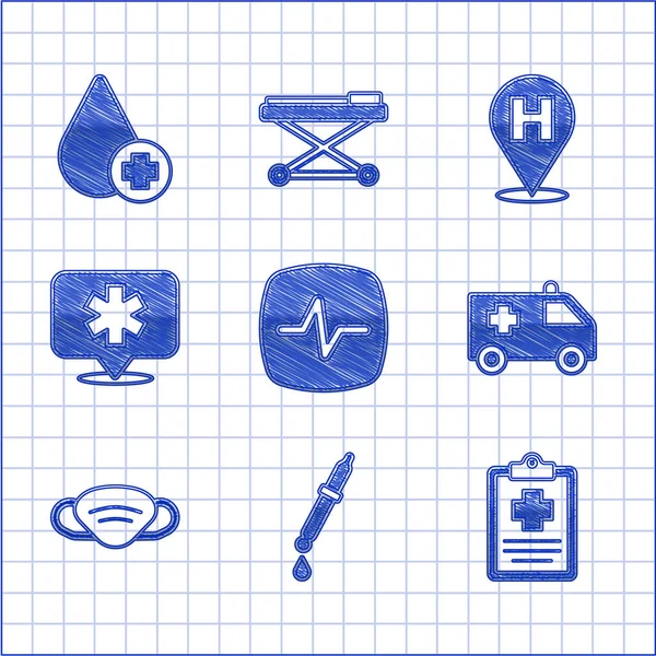 设定心率皮佩特病人记录救护车医疗保护面罩位置医院和捐赠滴血图标 — 图库矢量图片