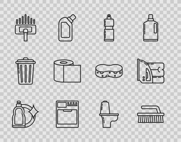 Set Linie Plastikflaschen Für Flüssiges Spülmittel Bürste Reinigung Waschmaschine Staubsauger — Stockvektor