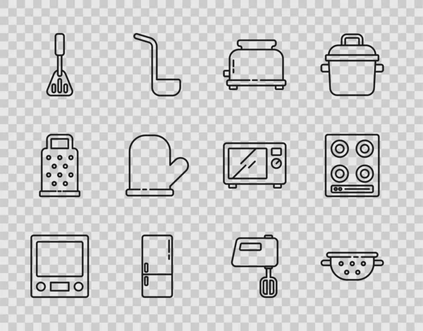 设置线形电子秤 烤面包机 斯帕图拉烤箱 电炉和煤气炉图标 — 图库矢量图片