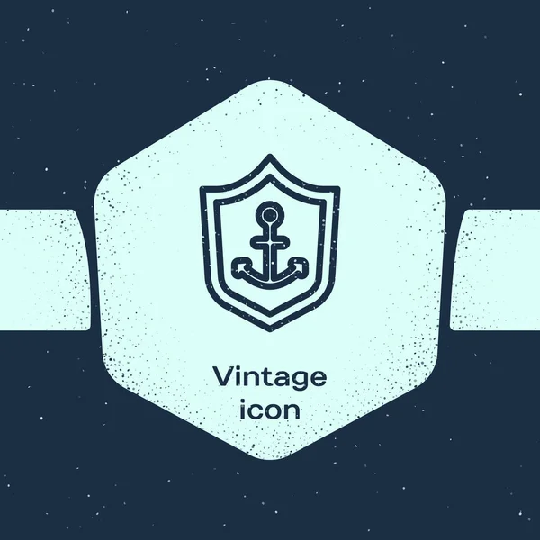 Grunge Line Anchor Shield Icon Isolated Blue Background Monochrome Vintage — Stock Vector