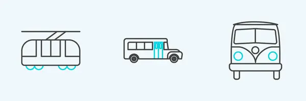 Définir Ligne Minivan Rétro Tram Chemin Fer Bus Scolaire Icône — Image vectorielle