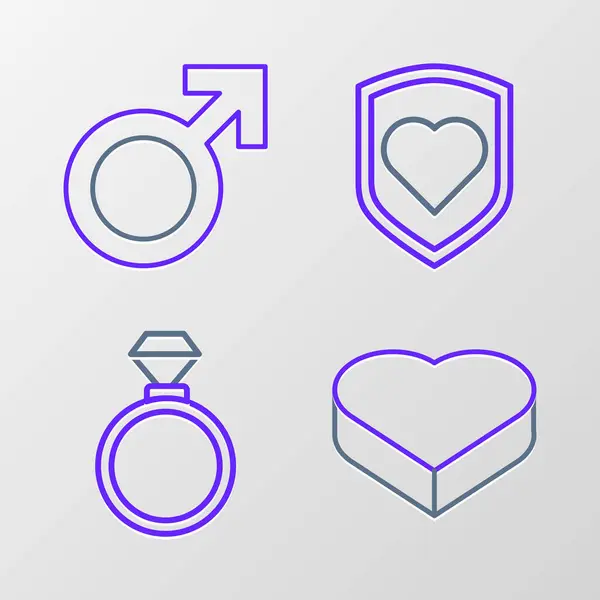 シールドと男性の性別シンボルアイコンで心臓形のボックスの結婚指輪のセットラインキャンディ ベクター — ストックベクタ
