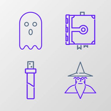 Sıra Büyücü Büyücü, aşk iksiri şişesi, Eski büyü kitabı ve Hayalet ikonu. Vektör