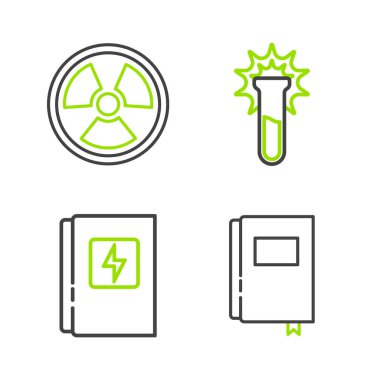 Satır kitabını, elektrik panelini, test tüpünü, matarayı ve radyoaktif ikonu ayarla. Vektör