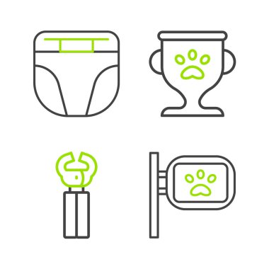 Hayvan bakımı, tırnak makasları, ödül ve köpek ikonu için bebek bezi. Vektör