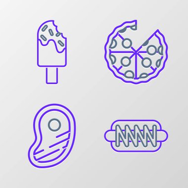 Hotdog sandviçi, biftek, pizza ve dondurma ikonu. Vektör