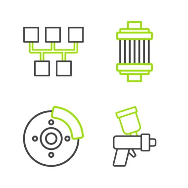 Çizgi boyası sprey tabancası, kalibreli araba fren diski, hava filtresi ve vites kutusu simgesini ayarla. Vektör