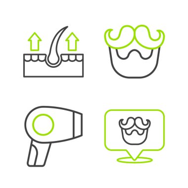 Berber dükkanı, saç kurutma makinesi, bıyık, sakal ve insan saç kökü ikonu. Vektör