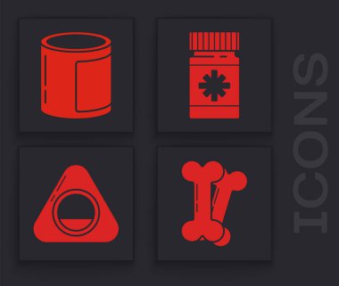 Köpek kemiği, konserve yiyecek, köpek ilacı şişesi, haplar ve evcil hayvan yatağı ikonu. Vektör.