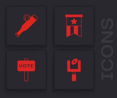 Amerikan futbolu kale direği, beysbol sopası, bayrak ve oy ikonu. Vektör