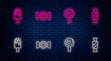 Sıra Candy, Lolipop, Dondurma ve... Tuğla duvarda parlayan neon simgesi. Vektör