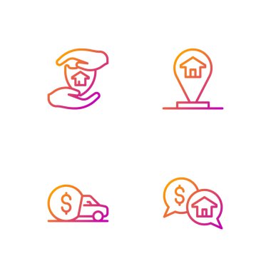 Price pazarlığı, araba kiralama rozetli ev ve lokasyon evi ayarlayın. Renk simgeleri. Vektör