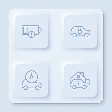 Düşük batarya, elektrikli araba ve şarj ünitesi ayarlayın. Beyaz kare düğme. Vektör