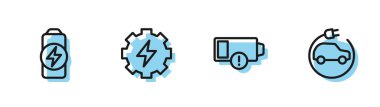 Hat düşük batarya, pil şarjı, vites ve yıldırım ve elektrikli araba ikonu ayarlayın. Vektör