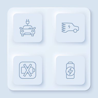 Hat hattı elektrikli araba, pili ve şarjı az. Beyaz kare düğme. Vektör