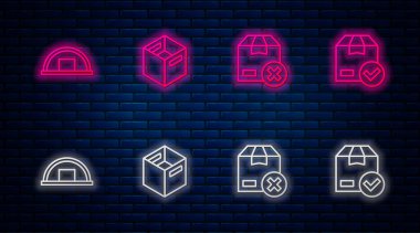 Karton karton kutu, depo ve işaretli aksesuar ayarla. Tuğla duvarda parlayan neon simgesi. Vektör
