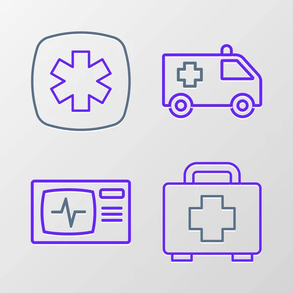 Definir Linha Kit Primeiros Socorros Monitor Com Cardiograma Ambulância Emergência — Vetor de Stock