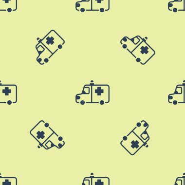 Mavi ambülans ve acil durum arabası ikonu sarı arka planda izole edilmiş pürüzsüz desen. Ambulans aracı tıbbi tahliye. Vektör.