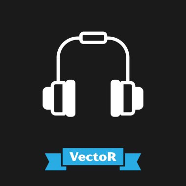 Siyah arkaplanda beyaz kulaklık simgesi var. Kulaklıklar. Müzik, hizmet, iletişim ve operatör konsepti. Vektör.