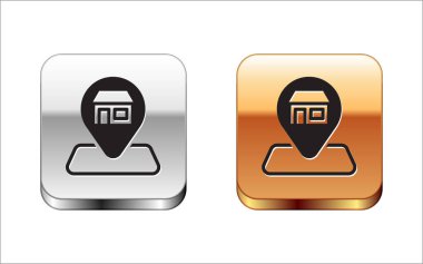 Alış veriş binası ya da market simgesine sahip Kara Harita rozeti beyaz arka planda izole edilmiş. Dükkan inşaatı. Gümüş ve altın kare düğmeler. Vektör