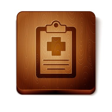 Kahverengi Tıbbi Pano, beyaz arka planda izole edilmiş klinik kayıt simgesine sahip. Reçete, tıbbi kontrol işaretleri raporu. Tahta kare düğme. Vektör