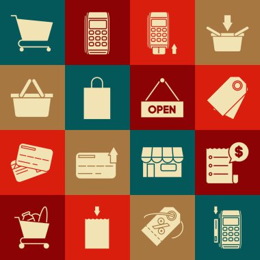 Pos terminalini eklenmiş kredi kartı, kağıt kontrol ve mali çek, boş etiket fiyat etiketi, alışveriş çantası, alışveriş sepeti, el arabası ve asma işareti simgesi açık kapı simgesi ile ayarla. Vektör