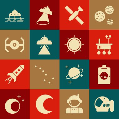 Astronot miğferi, Planet, Mars gezgini, uydu, UFO uçan uzay gemisi, kozmik ve güneş ikonu. Vektör