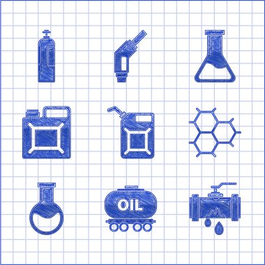 Benzin, yağ deposu, sızıntı yapan kırık metal boru, benzen halkaları, test tüpü ve tüpü ve endüstriyel silindir ikonundan oluşan kimyasal formül. Vektör
